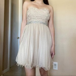 Gold strapless cocktail dress w/ embroidery, jewels, & tulle underneath